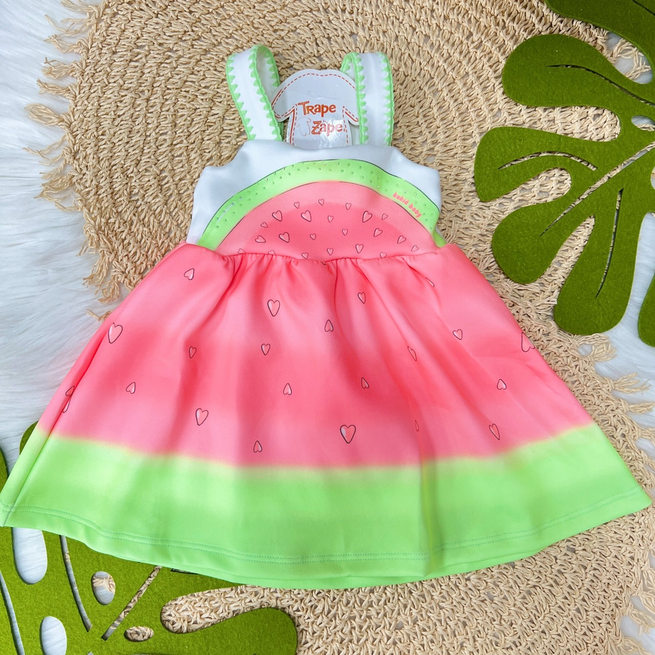 Vestido Melancia com Strass - Rosa e Verde